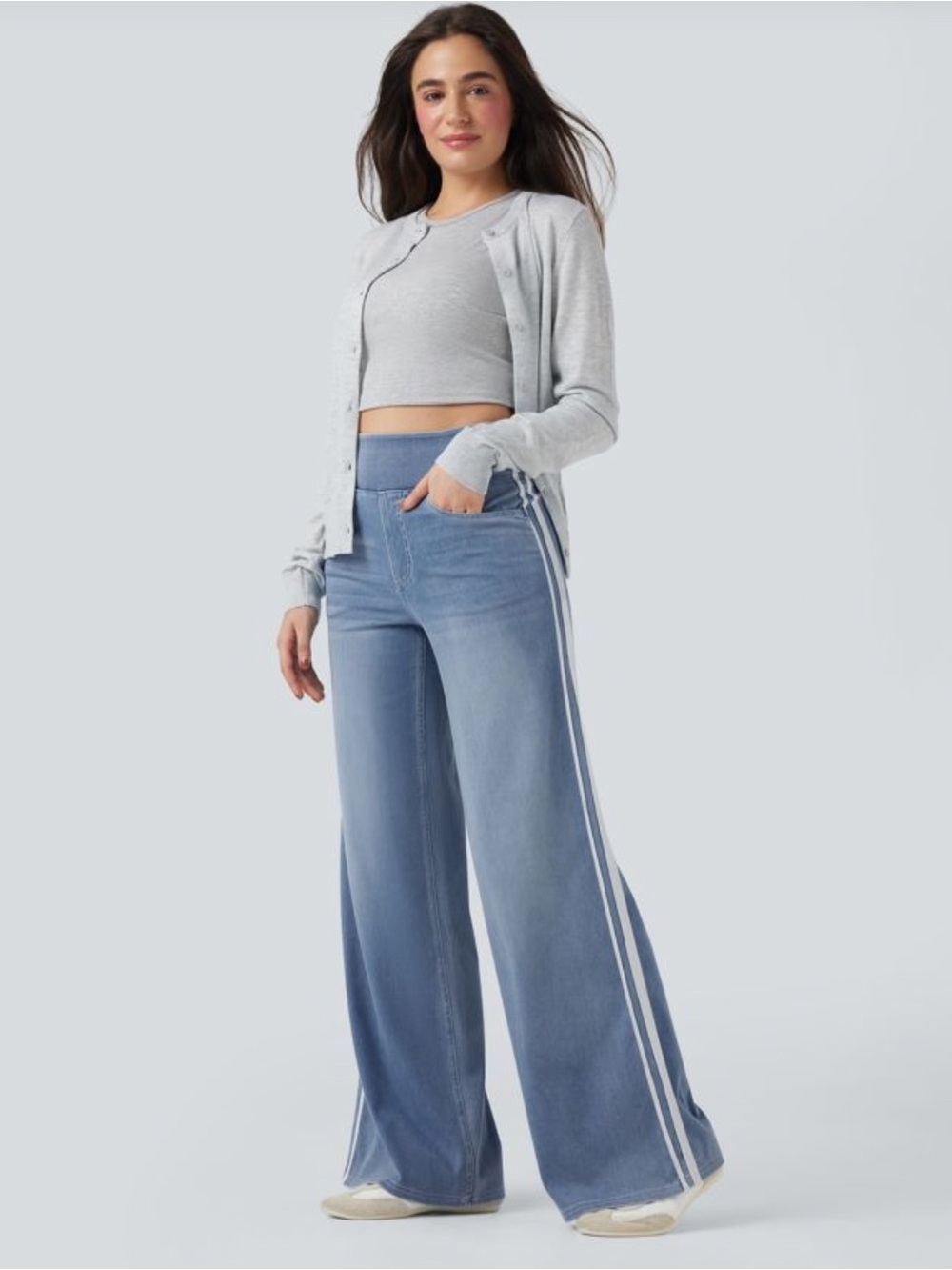 Halara Flex High-Rise Wide Leg Light Blue Denim Jeans w/ Stripes